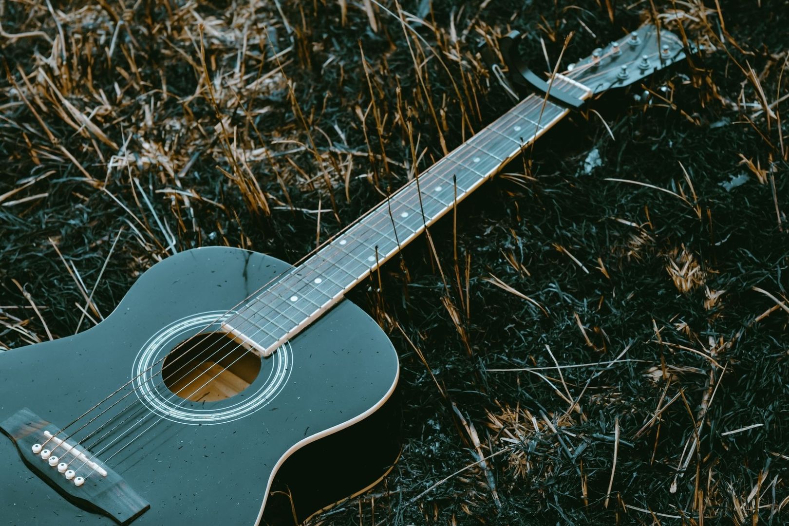 Akustisk gitar ligger i tørt gress, klar for en bluegrassjam